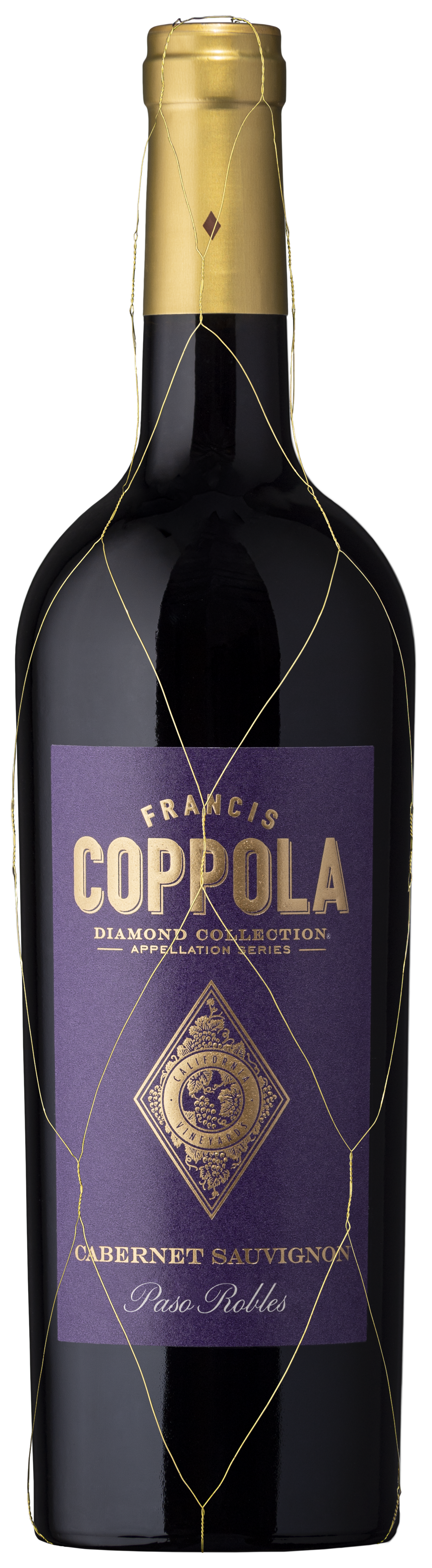 A wine bottle with a gold foil top and a purple label featuring elegant gold lettering of "Coppola." The wine is a Cabernet Sauvignon from Paso Robles.