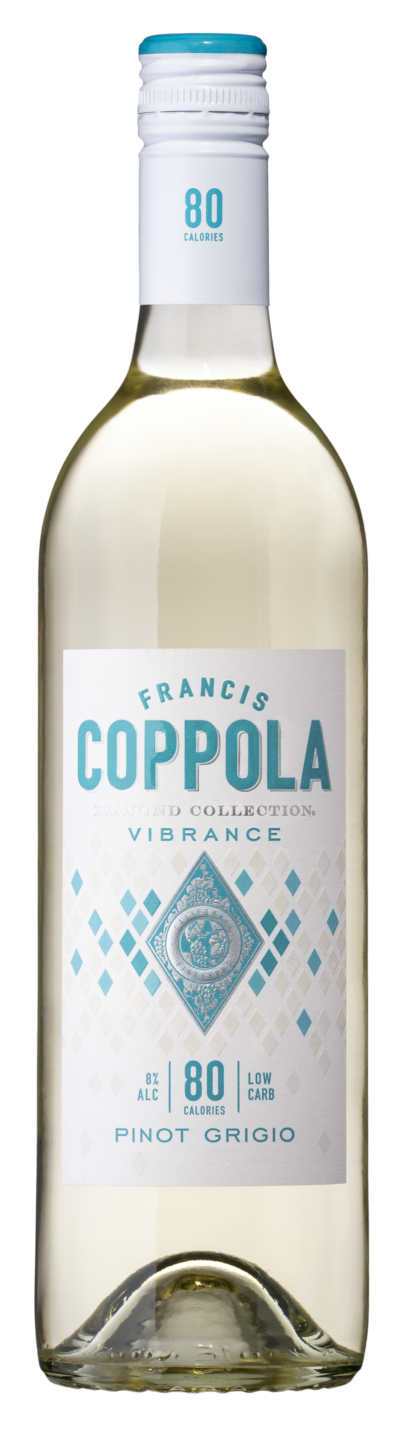 A bottle of Francis Coppola Pinot Grigio wine with a teal label featuring geometric patterns on a black background, conveying elegance and modernity.
