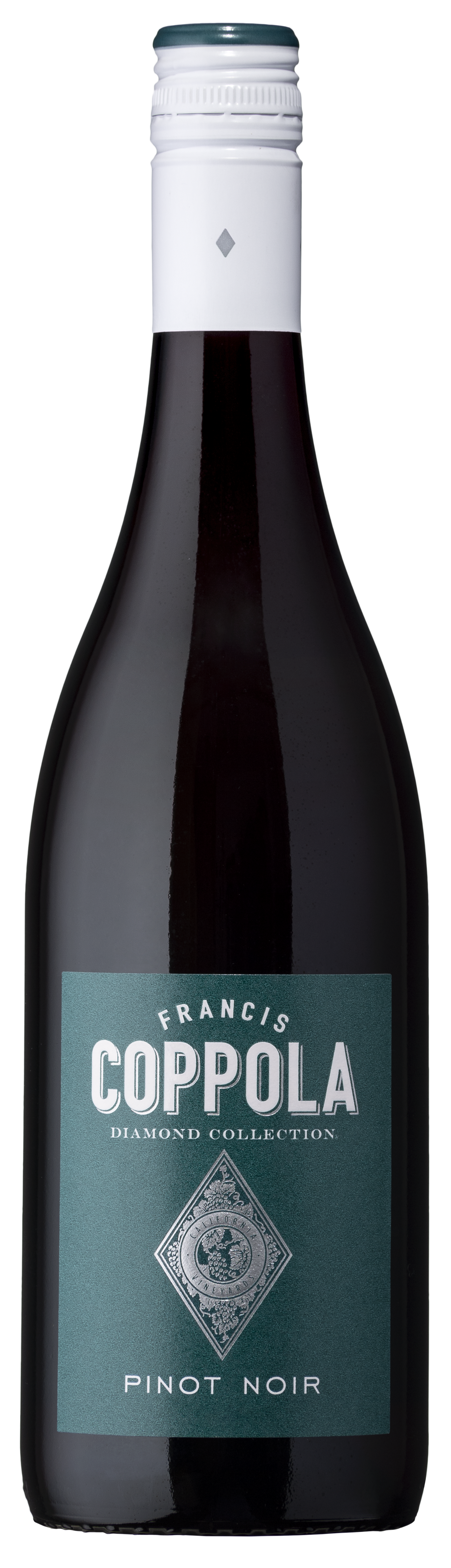 A bottle of Francis Coppola Diamond Collection Pinot Noir wine with a teal label featuring white text and a decorative emblem, on a black background.