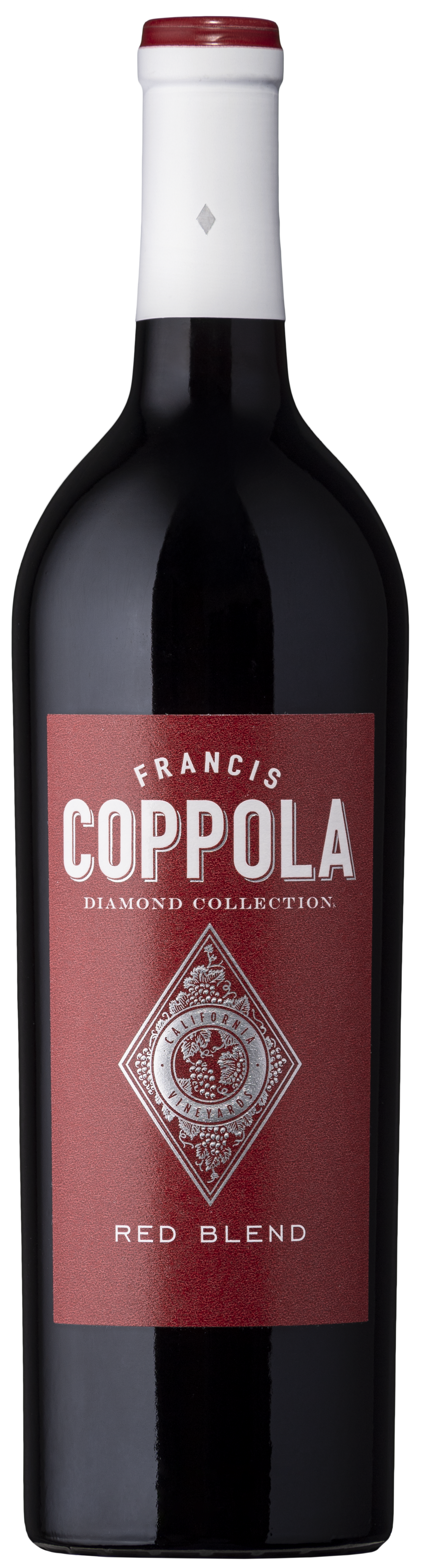 A red wine bottle labeled "Francis Coppola Diamond Collection Red Blend" on a dark background. The label features a diamond emblem, conveying elegance.