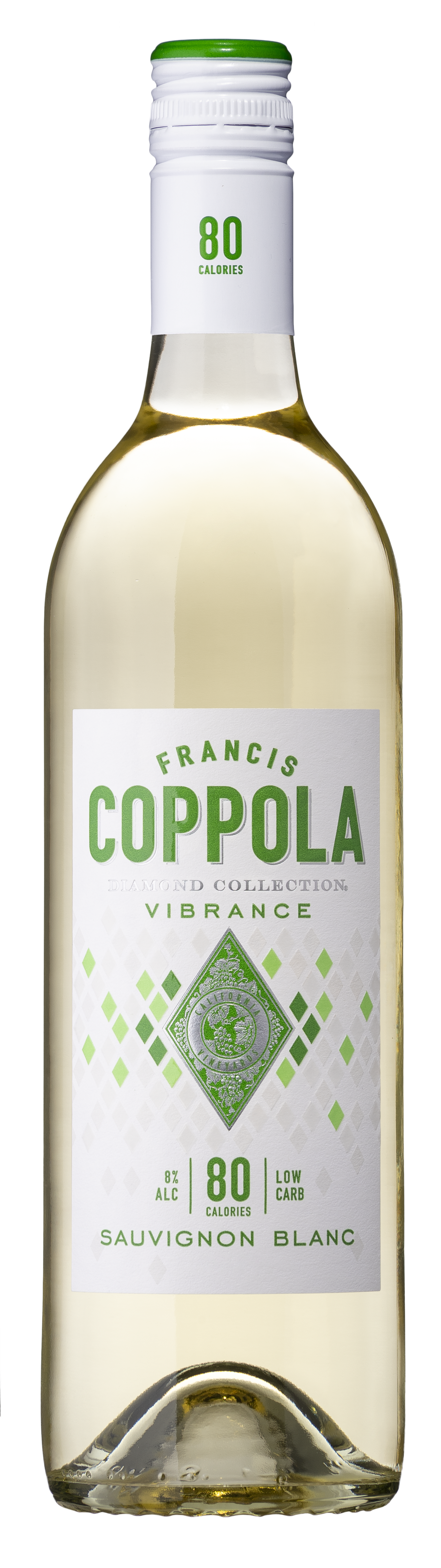 A bottle of Francis Coppola Sauvignon Blanc, labeled 'Vibrance' with green accents, stands against a black background. The label notes 80 calories and low carbs, giving a fresh, elegant vibe.