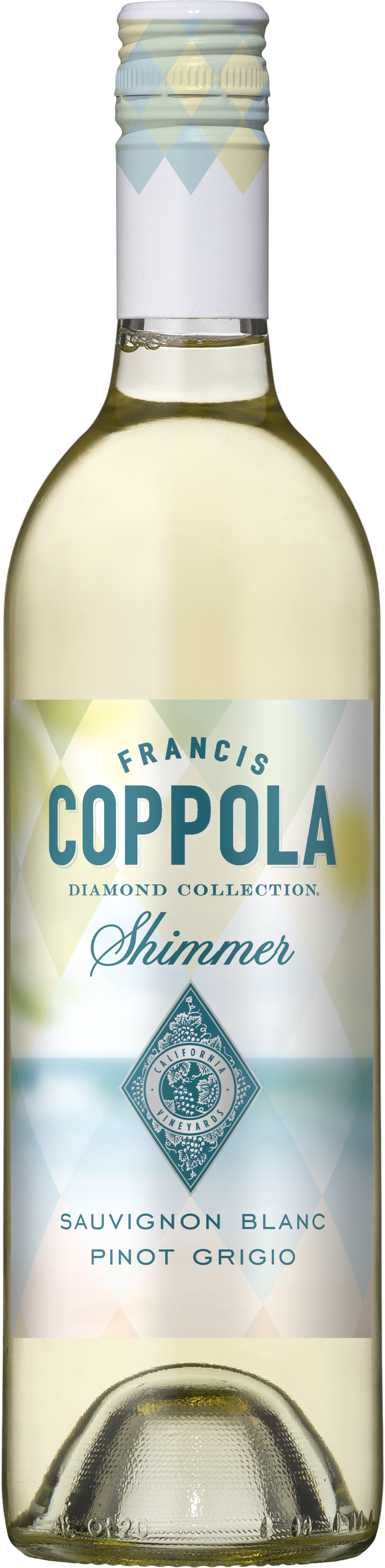A bottle of Francis Coppola Diamond Collection Shimmer wine. The label is light blue and white with elegant text.