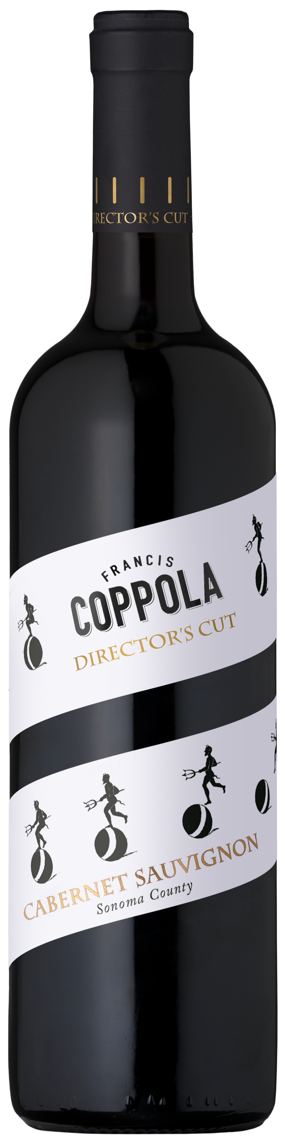 Bottle of Francis Coppola Director's Cut Cabernet Sauvignon with a black label featuring cinematic graphics, conveying elegance and sophistication.