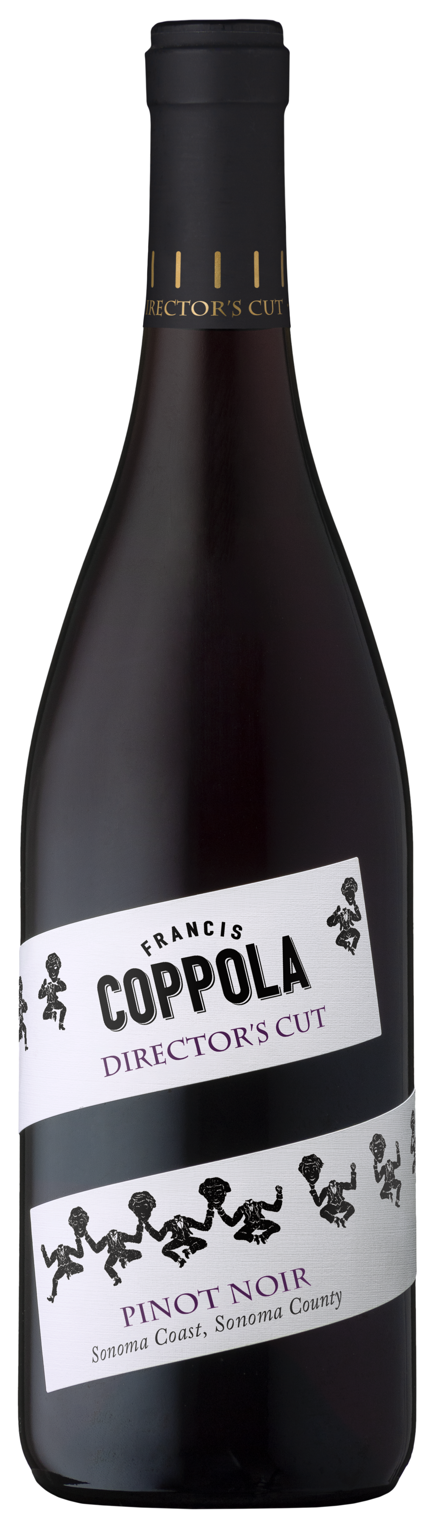 Dark wine bottle with a stylized black and white label featuring dancing figures and bold text: "Francis Coppola Director's Cut Pinot Noir." Sophisticated tone.