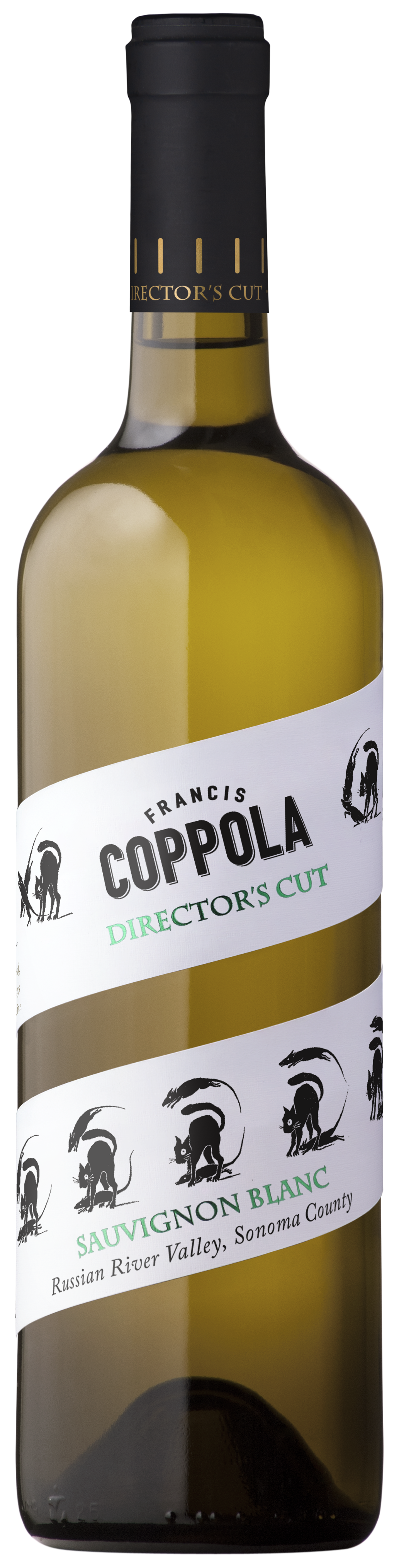 A bottle of Francis Coppola Director's Cut Sauvignon Blanc wine. The label features black silhouettes of a film director motif and elegant typography.