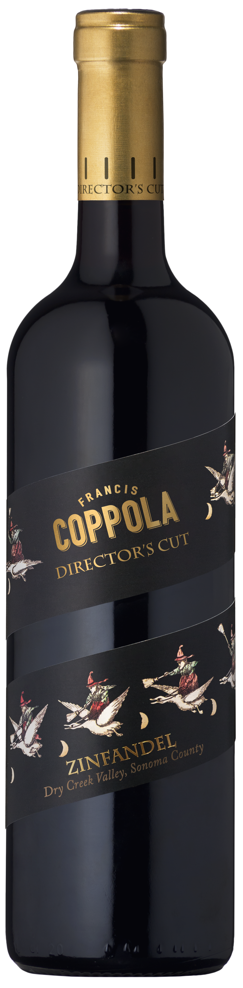 Bottle of Francis Coppola Director's Cut Zinfandel, with golden lettering on a black label, featuring an artistic design of figures and symbols.
