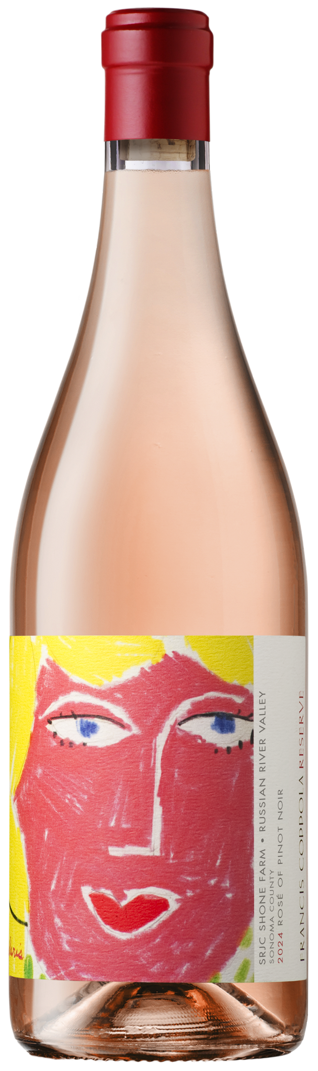 A wine bottle with a pale pink rosé and a red cap. The label features abstract art of a face with a red background, yellow hair, blue eyes, and a neutral expression.