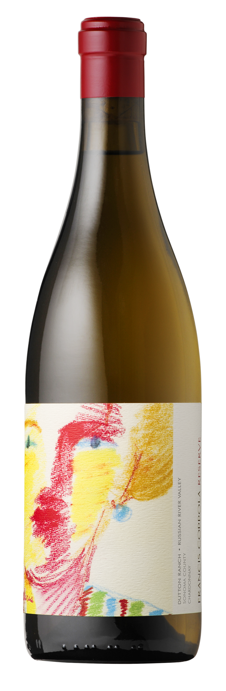 A wine bottle with a red cap and an abstract label in vibrant red, yellow, and blue brushstrokes. Black background highlights its modern design.
