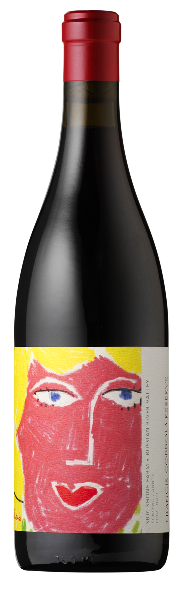 A wine bottle with a vibrant red label depicting an abstract face with blue eyes, blonde hair, and red lips. The cap is sealed in red, adding bold contrast.