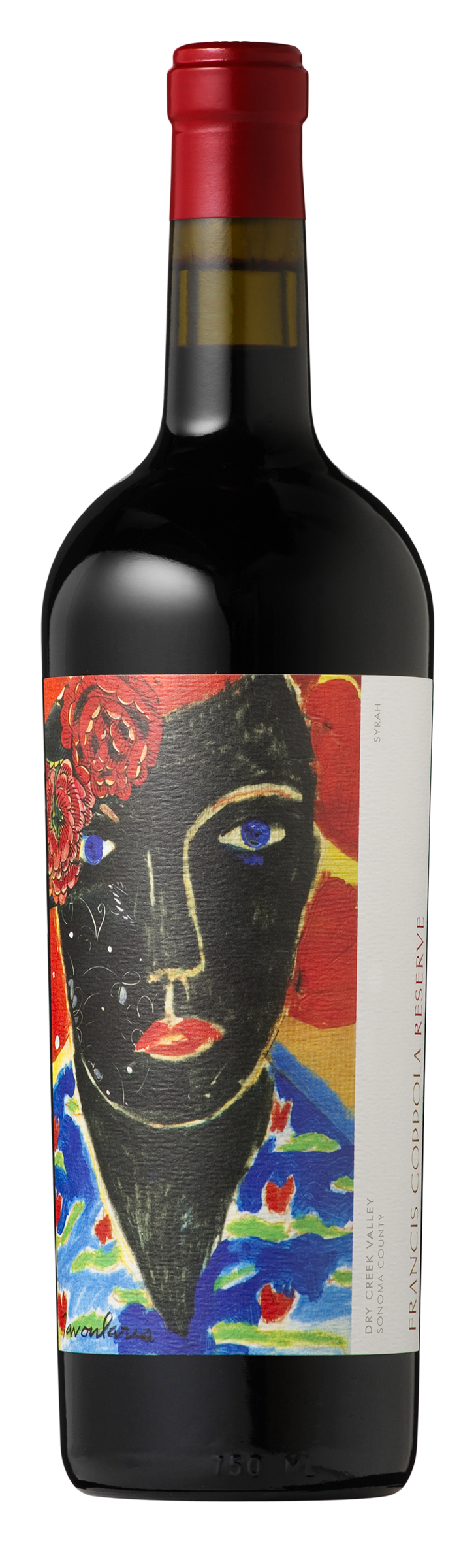 A wine bottle with a vibrant label featuring a stylized portrait of a person. The artwork shows bold colors: red, blue, black, and yellow.