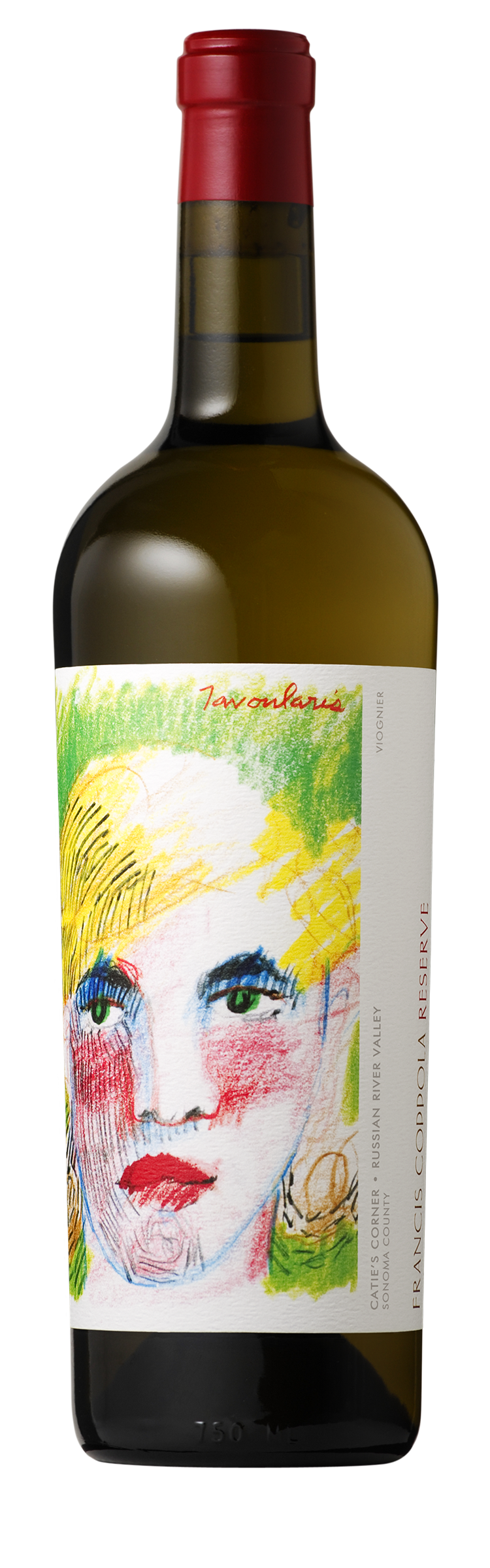 Francis Coppola Reserve Viognier bottle with a red cap. The label features a colorful, abstract portrait in vivid greens, yellows, blues, and reds. It suggests vibrancy and creativity.
