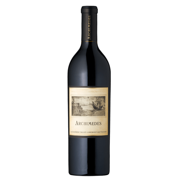 A bottle of red wine labeled "Archimedes" with a vintage-style illustration on a golden label. The text notes it's an Alexander Valley Cabernet Sauvignon.