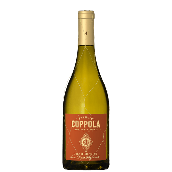 Bottle of Francis Coppola Diamond Collection Chardonnay with a gold foil top and burgundy label on black background; elegant and refined tone.