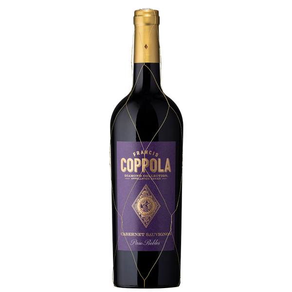 A wine bottle with a gold foil top and a purple label featuring elegant gold lettering of "Coppola." The wine is a Cabernet Sauvignon from Paso Robles.