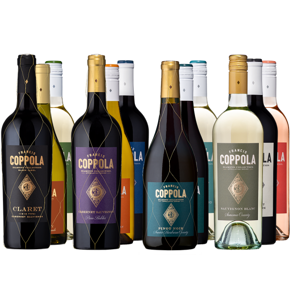 A variety of Coppola wine bottles, featuring Claret, Cabernet Sauvignon, Pinot Noir, and Sauvignon Blanc. Elegant labels stand out against a black background.