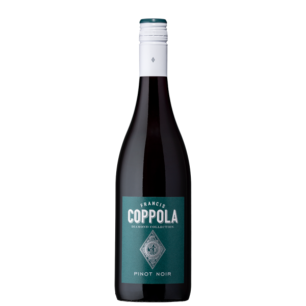 A bottle of Francis Coppola Diamond Collection Pinot Noir wine with a teal label featuring white text and a decorative emblem, on a black background.