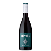 A bottle of Francis Coppola Diamond Collection Pinot Noir wine with a teal label featuring white text and a decorative emblem, on a black background.