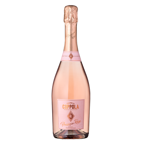 A blush pink bottle of Francis Coppola Prosecco Rosé with elegant labeling, set against a black background, exuding elegance and sophistication.