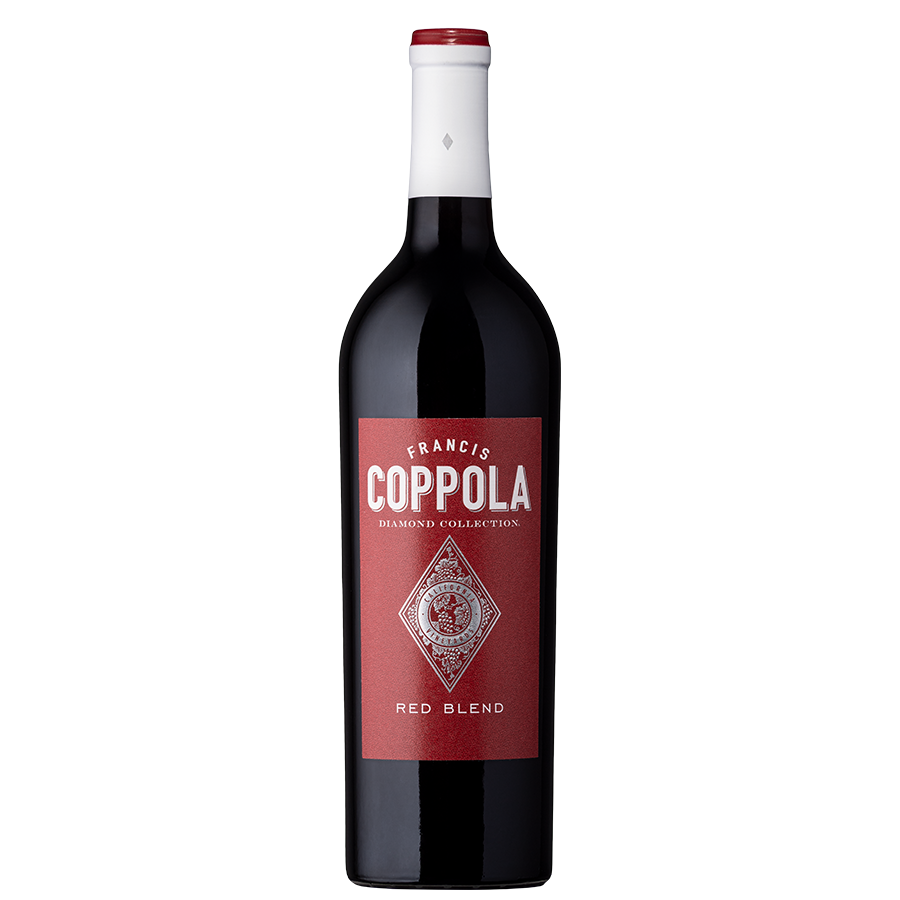 A red wine bottle labeled "Francis Coppola Diamond Collection Red Blend" on a dark background. The label features a diamond emblem, conveying elegance.