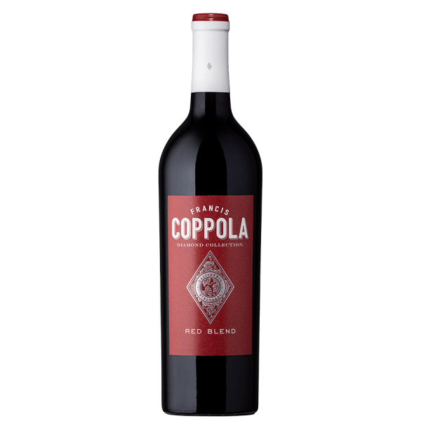 A red wine bottle labeled "Francis Coppola Diamond Collection Red Blend" on a dark background. The label features a diamond emblem, conveying elegance.