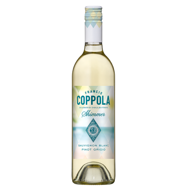 A bottle of Francis Coppola Diamond Collection Shimmer wine against a black background. The label is light blue and white with elegant text.