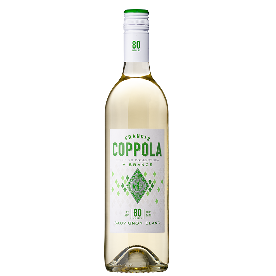 A bottle of Francis Coppola Sauvignon Blanc, labeled 'Vibrance' with green accents, stands against a black background. The label notes 80 calories and low carbs, giving a fresh, elegant vibe.