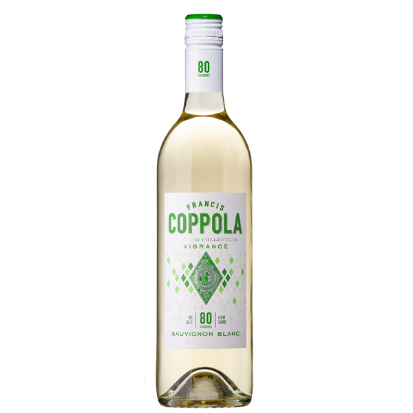 A bottle of Francis Coppola Sauvignon Blanc, labeled 'Vibrance' with green accents, stands against a black background. The label notes 80 calories and low carbs, giving a fresh, elegant vibe.