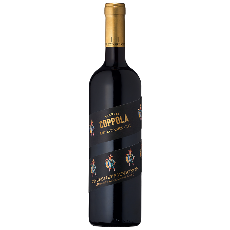 A bottle of Francis Coppola Director's Cut Cabernet Sauvignon with a gold cap. The black label features gold lettering and film reel motifs, evoking elegance.