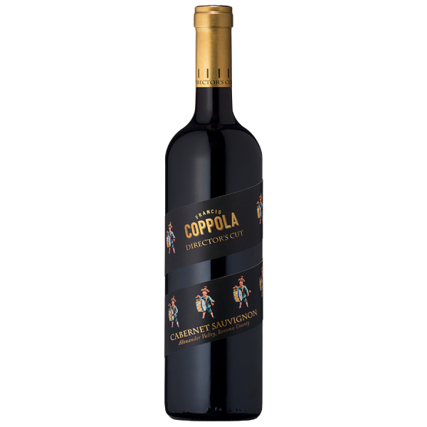 A bottle of Francis Coppola Director's Cut Cabernet Sauvignon with a gold cap. The black label features gold lettering and film reel motifs, evoking elegance.