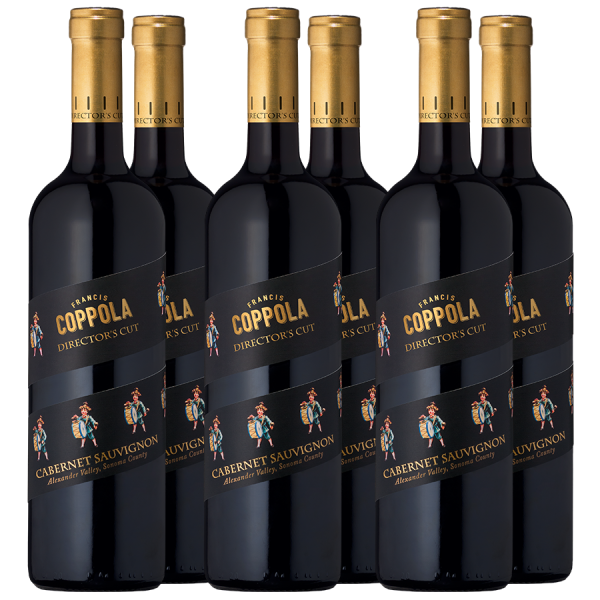Six bottles of Francis Coppola Director's Cut Cabernet Sauvignon with gold caps and black labels featuring film reel motifs, set against a black background.