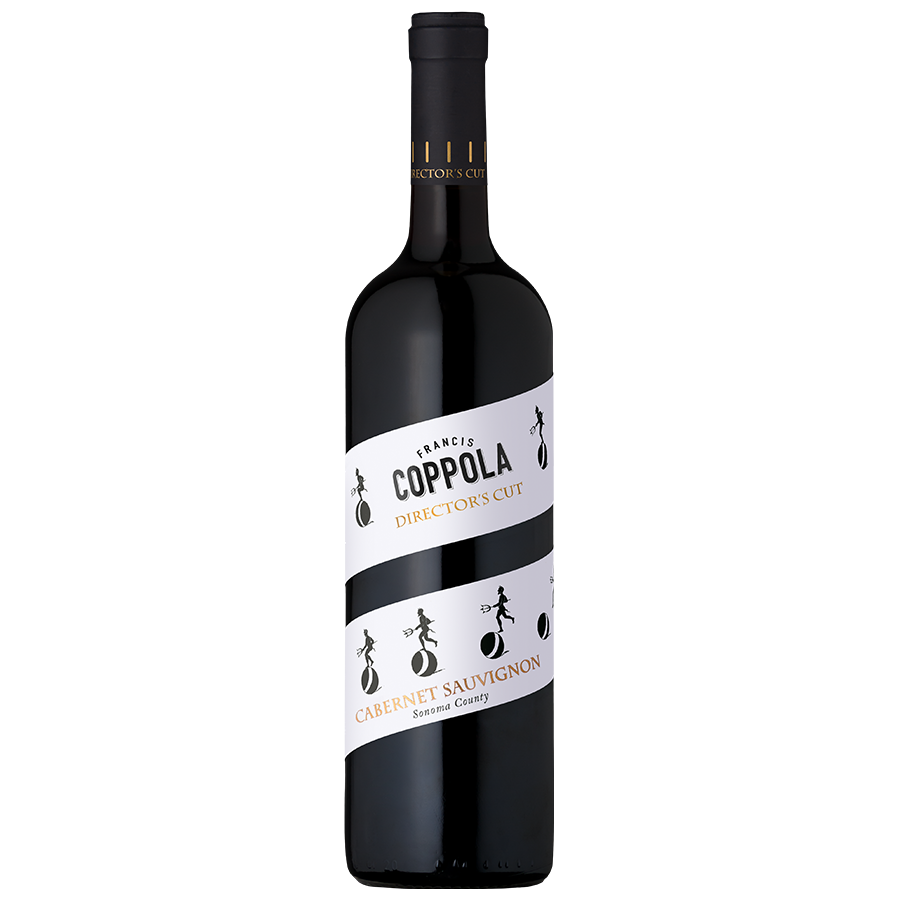 A sleek wine bottle labeled "Francis Coppola Director's Cut Cabernet Sauvignon" with stylized film strip designs on a black background.