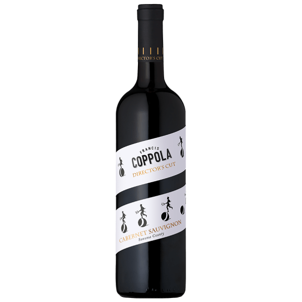 A sleek wine bottle labeled "Francis Coppola Director's Cut Cabernet Sauvignon" with stylized film strip designs on a black background.