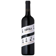 A sleek wine bottle labeled "Francis Coppola Director's Cut Cabernet Sauvignon" with stylized film strip designs on a black background.