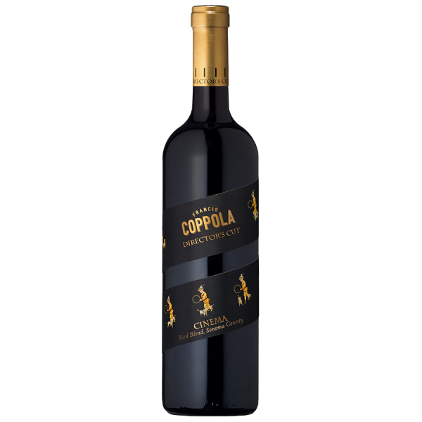 A bottle of Coppola Director's Cut red wine with a golden cap. The black label features cinematic-themed graphics and text, against a dark background.