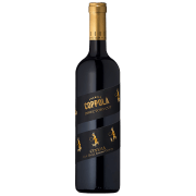 A bottle of Coppola Director's Cut red wine with a golden cap. The black label features cinematic-themed graphics and text, against a dark background.