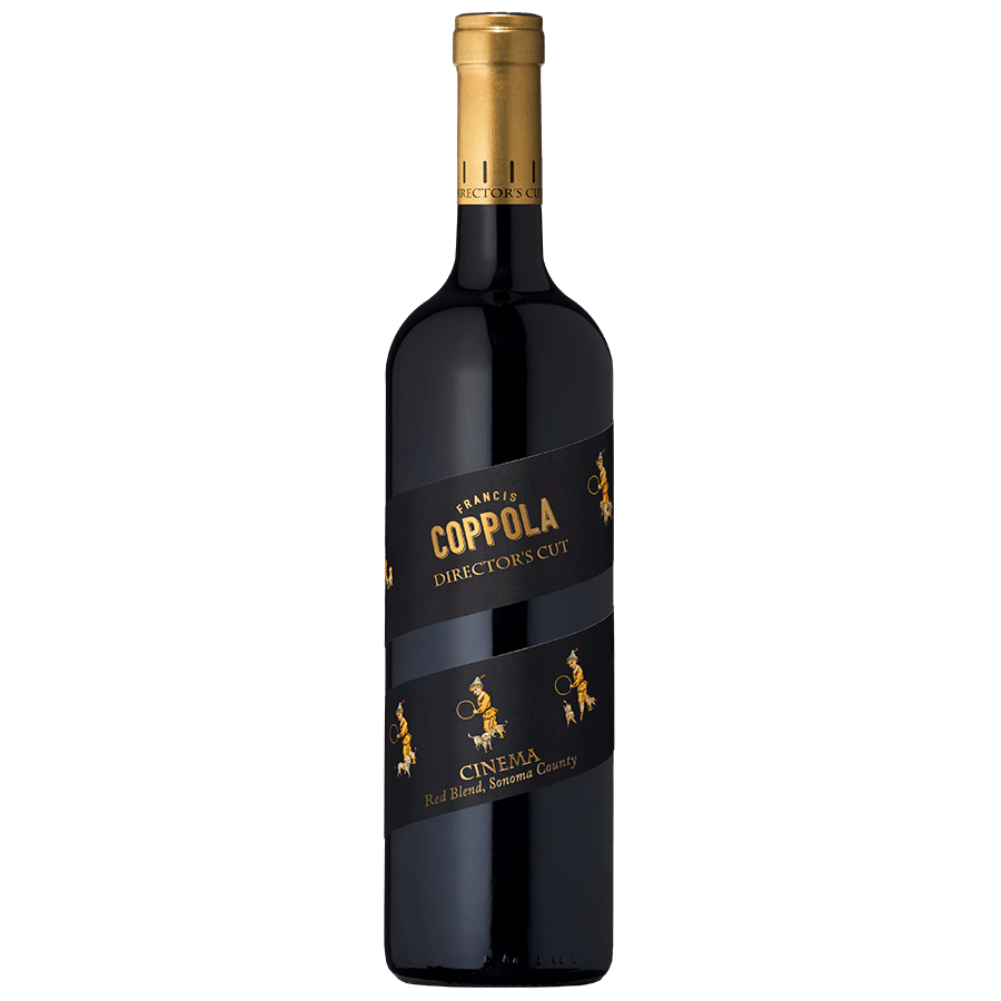 A bottle of Coppola Director's Cut red wine with a golden cap. The black label features cinematic-themed graphics and text, against a dark background.
