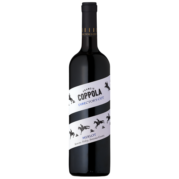 A bottle of Francis Coppola Director's Cut Merlot wine with a black and white label featuring silhouettes of horsemen, set against a black background.
