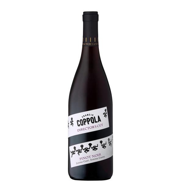 Alt text: A bottle of Francis Coppola Director's Cut Pinot Noir wine against a black background. The label features film reel motifs, conveying a cinematic theme.