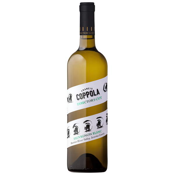 A wine bottle with "Coppola Director's Cut" label in bold text, featuring silhouettes of filmmakers. The gold liquid contrasts with the black background.