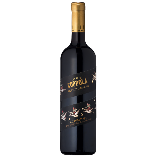 A sleek bottle of Francis Coppola Director's Cut Zinfandel wine with a gold cap and decorative black label featuring artistic designs, set against a black background.