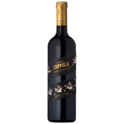 A sleek bottle of Francis Coppola Director's Cut Zinfandel wine with a gold cap and decorative black label featuring artistic designs, set against a black background.