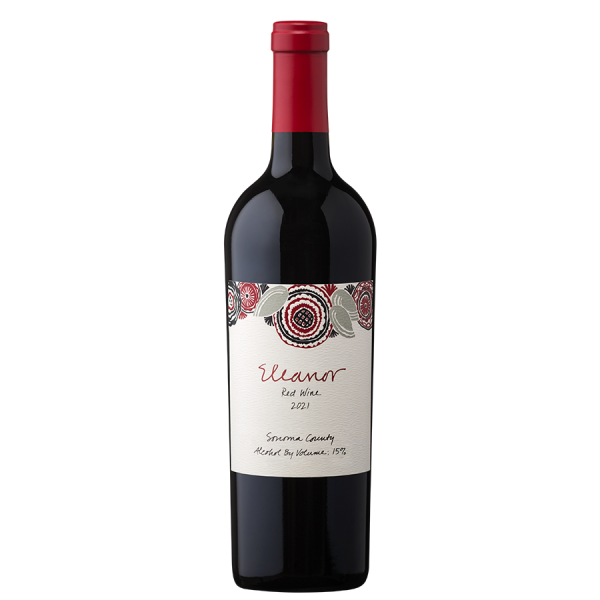 A bottle of red wine labeled "Eleanor" with floral patterns in red and black hues. The label indicates "Red Wine, 2021, Sonoma County."