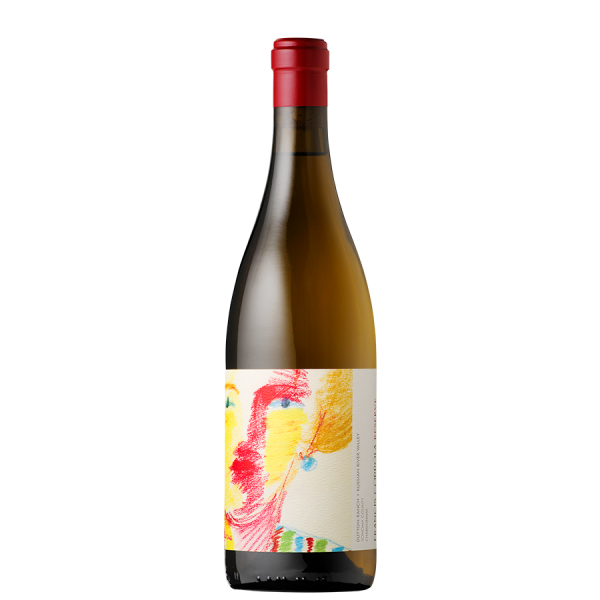 A wine bottle with a vibrant, abstract label featuring bold red, yellow, and blue strokes. Red cap contrasts against the black background.