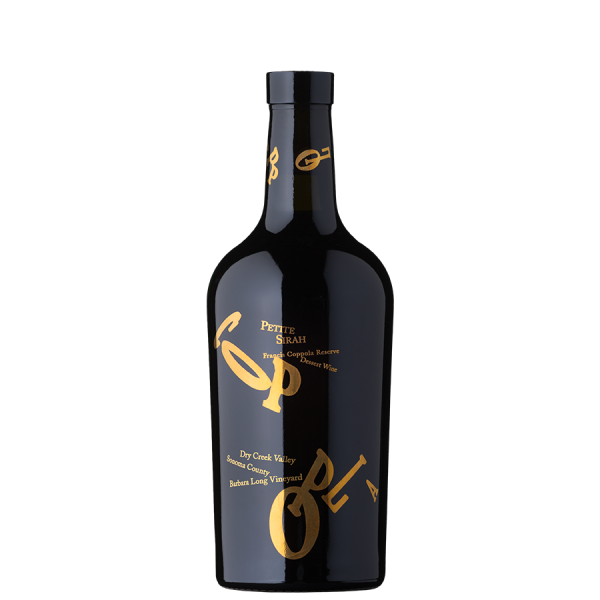 A dark wine bottle with gold lettering on a black background. The label reads "Petite Sirah, Coppola, Dry Creek Valley." The design appears elegant and sophisticated.