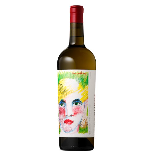 A wine bottle with a vibrant label featuring colorful abstract art of a face, with bold red lips and yellow hair. The bottle has a red cap against a black background.