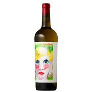 A wine bottle with a vibrant label featuring colorful abstract art of a face, with bold red lips and yellow hair. The bottle has a red cap against a black background.