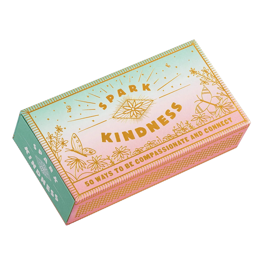 Pink & Green matchbox with gold text "Spark Gratitude" and illustrations of a sun, open book, plant, and teacup. Text reads "50 Ways to Appreciate Every Day."
