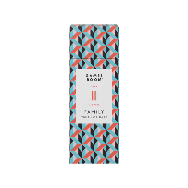 Box for "Games Room: Pick a Stick Family Truth or Dare." Features a geometric pattern in teal, pink, and white, set against a black background.