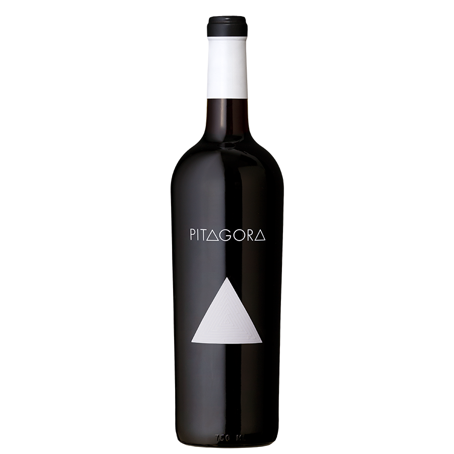 A wine bottle with a sleek black design is shown. The label reads "PITAGORA," featuring a white triangle below. The scene is elegant and minimalist.