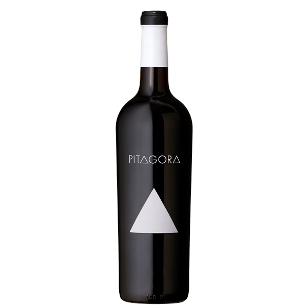 A wine bottle with a sleek black design is shown. The label reads "PITAGORA," featuring a white triangle below. The scene is elegant and minimalist.